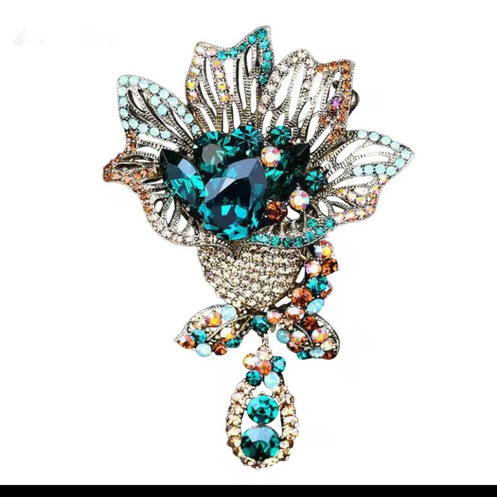 Aratta Silent Journey Crystal Floral Drop Brooch - Teal & Gold Women Jewelry